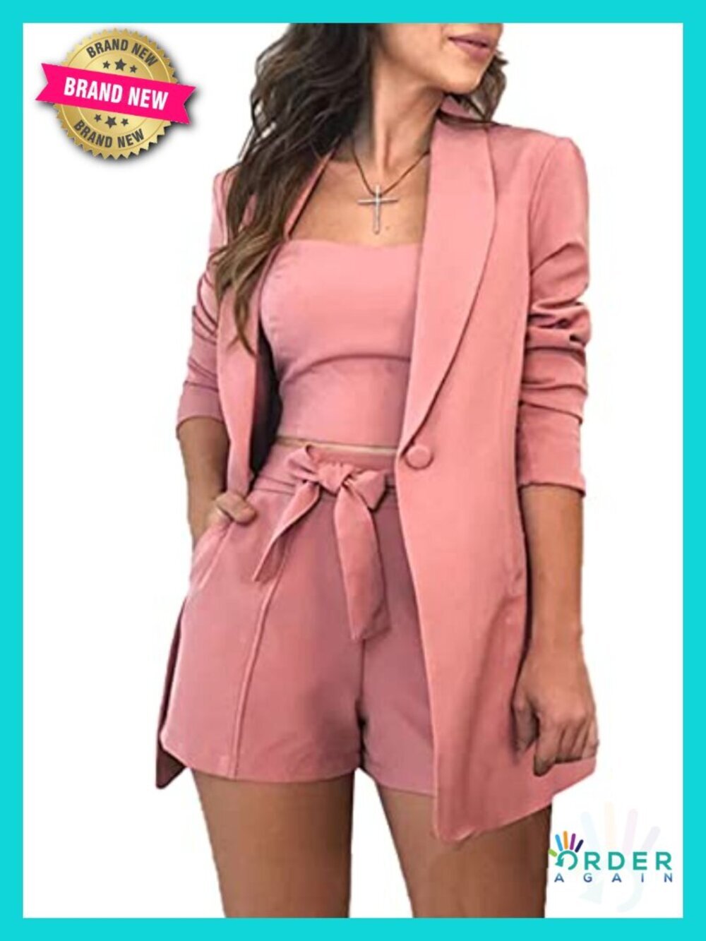 3-Piece Blazer Set: Open Front Blazer + Crop Top + Shorts with Belt - Business